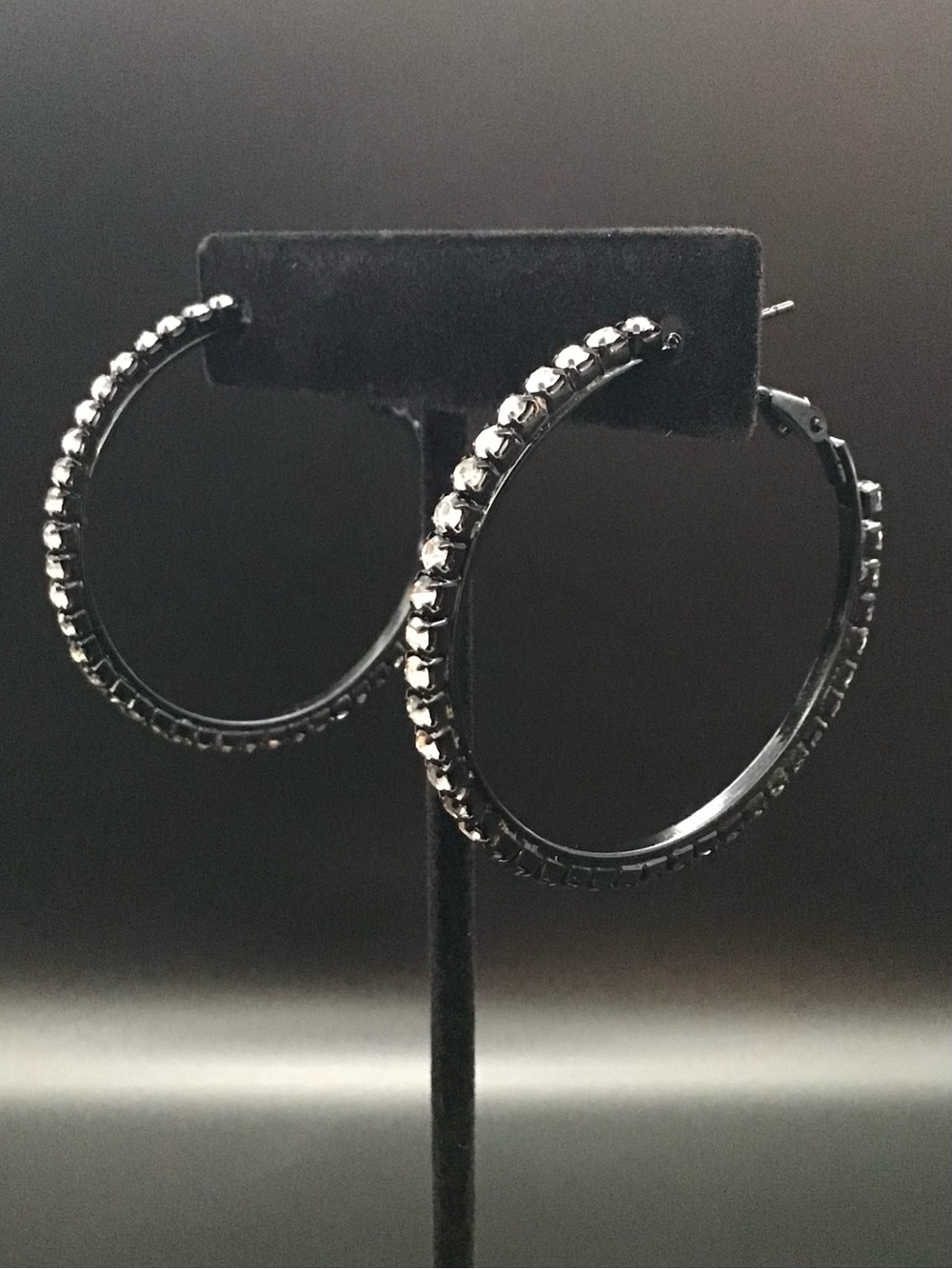 Black Rhinestone Hoop Earrings - Picture 3 of 3